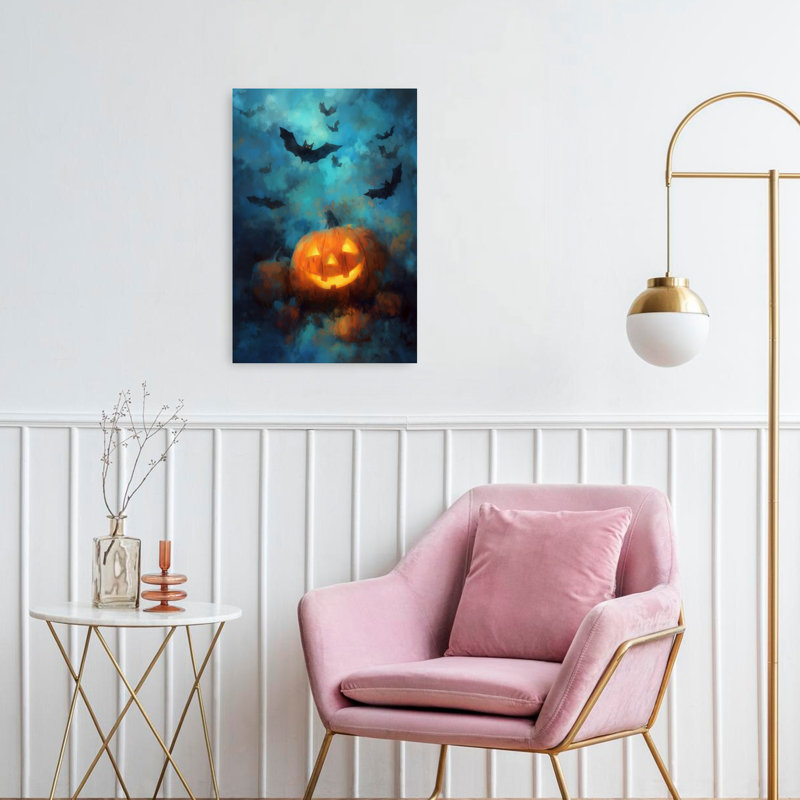Citrouille d'Halloween, art contemporain de chauve-souris, 24" H x 16" W