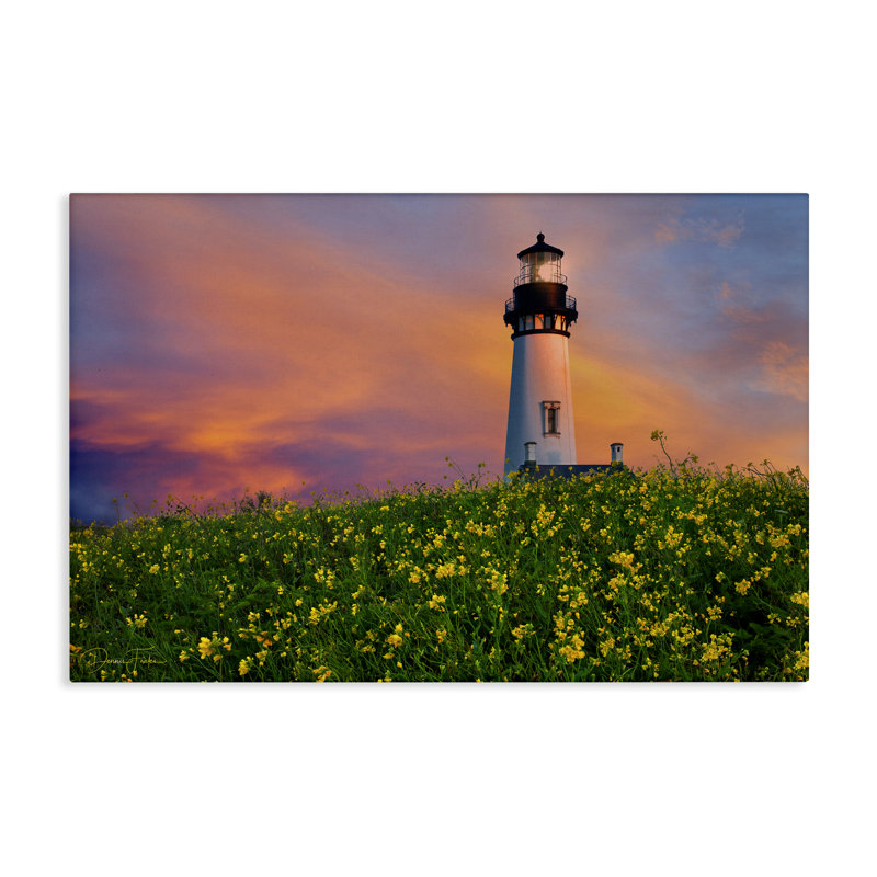 Art mural sur toile phare et prairie florale par Dennis Frates, H 30 po x l 45 po