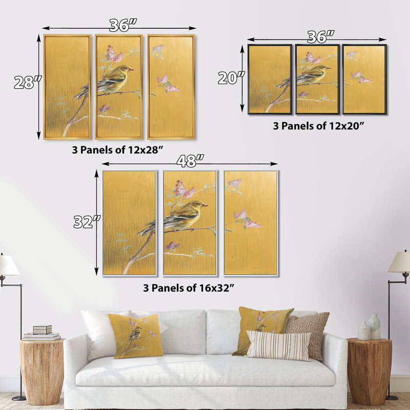 «Gold Bird On Blossoms III - Farmhouse», ensemble d'art mural sur toile encadrée, H 32 po x l 48 po, Érable