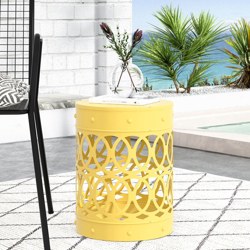 Large Modern Outdoor Metal Table In Yellow, Iron Cut Design For Appeal, Powder-Coated Iron, No Assembly End - Elegant Construction,