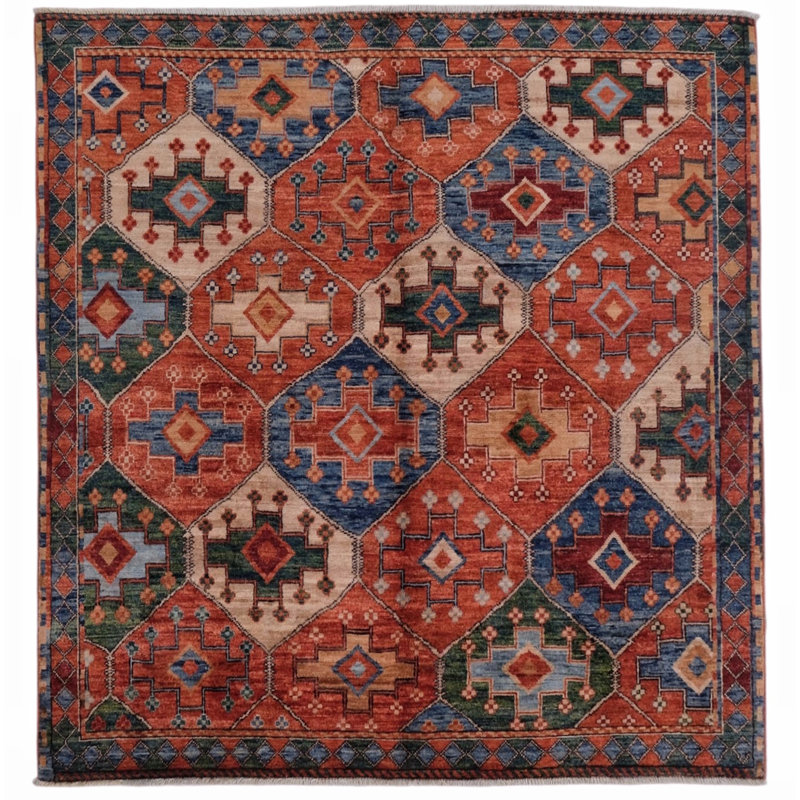 High-Quality Hand-Knotted Red And Navy Area Rug