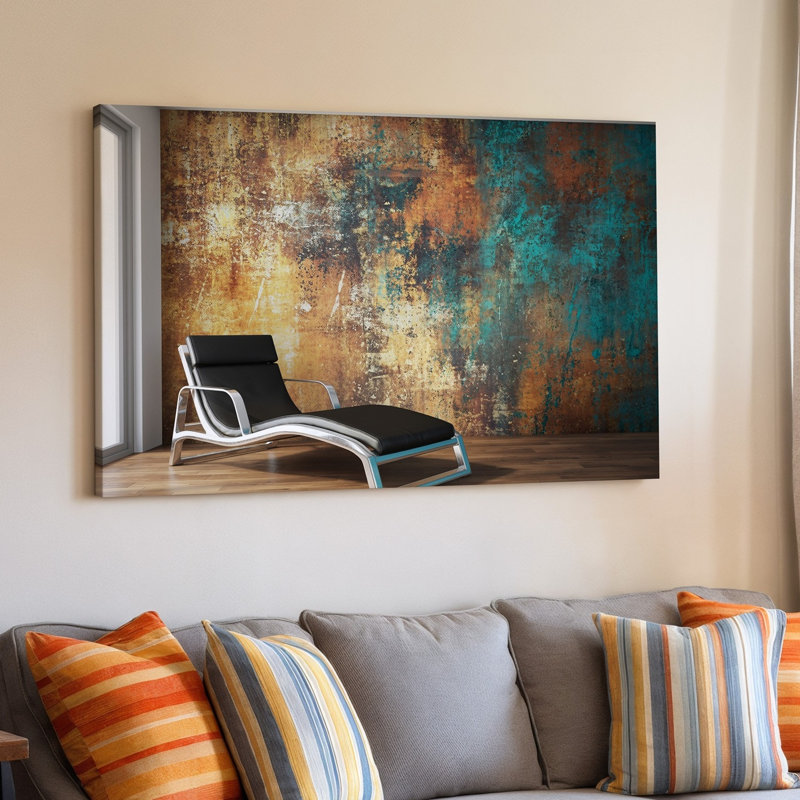 Toile, "A Modern Interior Scene", avec une élégante chaise longue minimaliste en cuir noir avec accents chromés