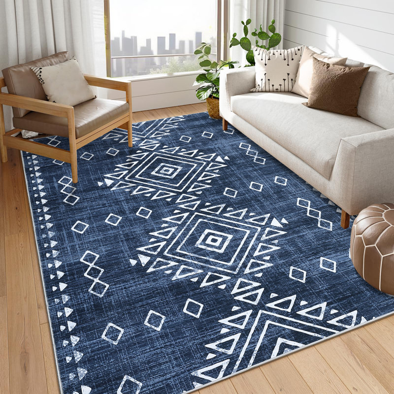 Large Washable Area Rug 8x10 Modern Distressed Geometric Rug Soft Non Slip Floor Carpet Low Pile Non Shedding Rug Indoor Stain Resistant Rig for Bedroom Living Room Blue