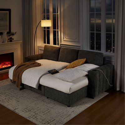 Canapé-lit modulaire réversible en tissu 96 po avec méridienne de rangement, porte-gobelets, port de chargement USB et coussins décoratifs 96 po Boucle