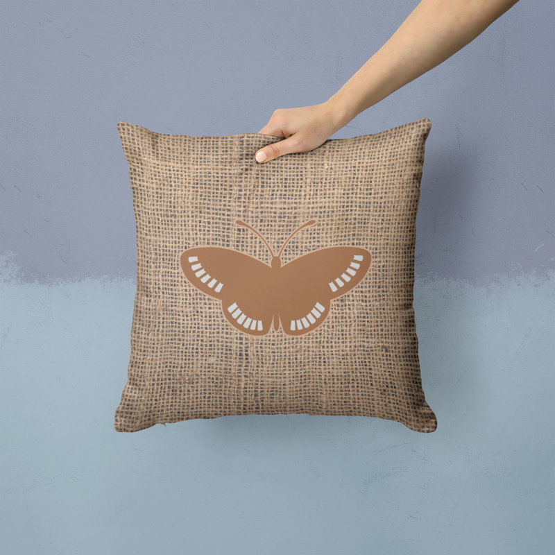 Coussin décoratif intérieur/extérieur moisissure carré en toile jute papillon, H 14 po x l 14 po x P 4 po, Brun