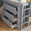 Lit mezzanine simple avec armoire à tiroirs, armoire à tablettes et bureau à tiroirs, lit mezzanine en bois d'hévéa avec barrière de sécurité, échelle, gris-694022397