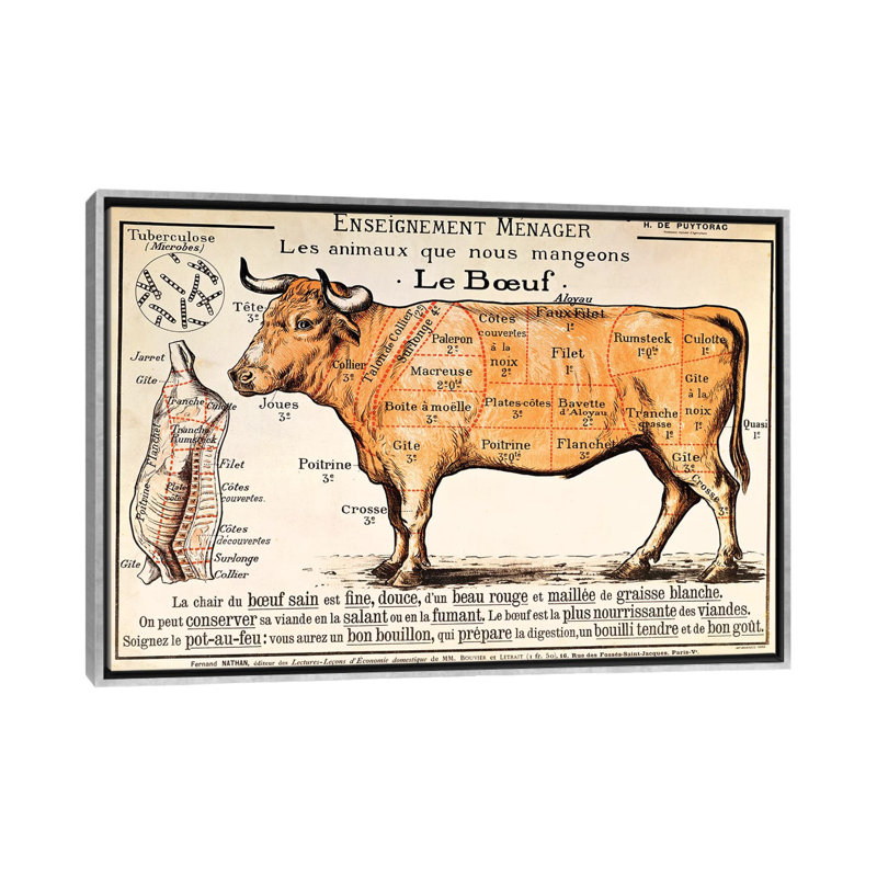 Boeuf: diagramme illustrant les différentes coupes de viande - impression d'art graphique, H 40 po x l 60 po x 1,5 po