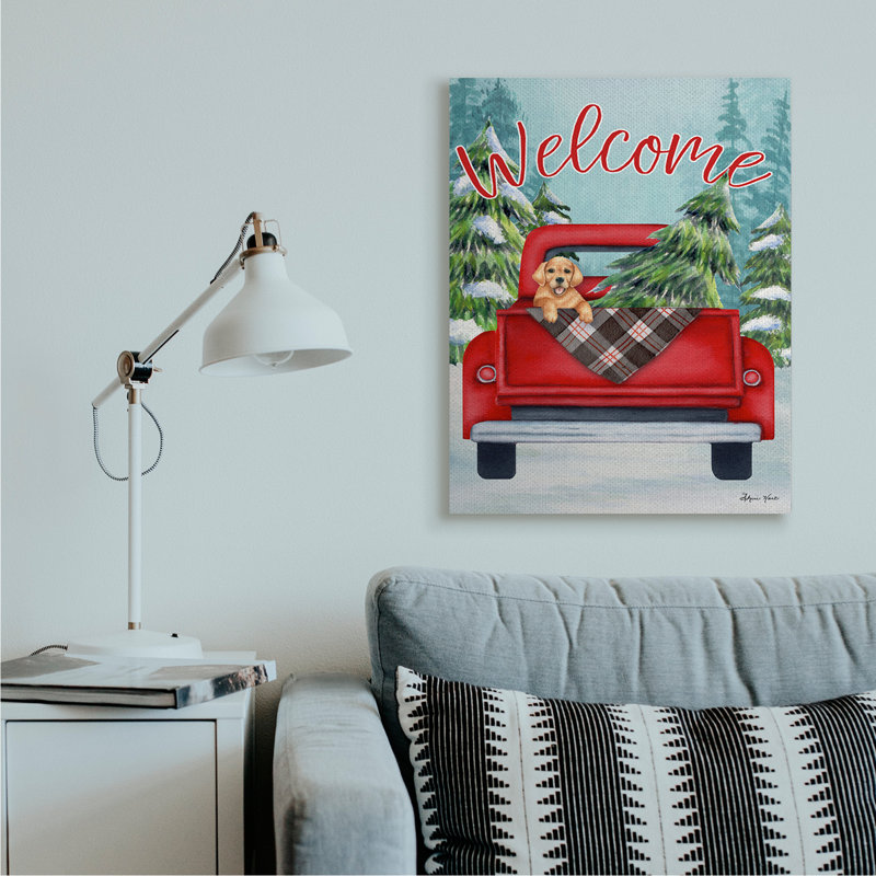 «Winter Welcome Red Truck Christmas Pet Dog» par Sheri Hart - impression d'art graphique, H 40 po x l 30 po x P 1,5 po