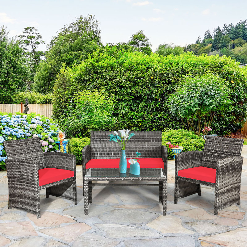 4 - Person Patio Conversation Set with Cushions, Red