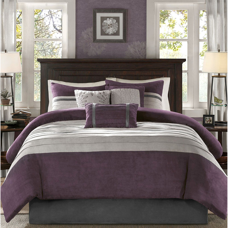 Édredon 7 pièces en faux suède - mauve très grand, coussins de broderie, 2 taies décoratives assorties, 1 jupe de lit, suède très grand lavable à la machine, motif transitionnel, lavable, coussins décoratifs