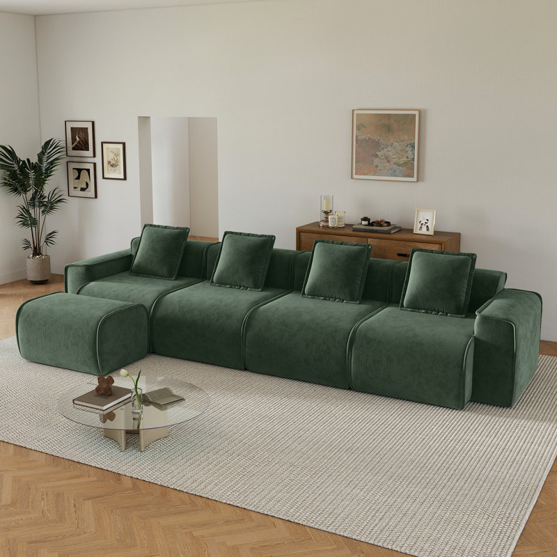 Modular Sectional, Velvet Fabric Compression Sofa With Ottoman, 31.11" H x 138.6" W x 38.23" D, 4, Green Velvet