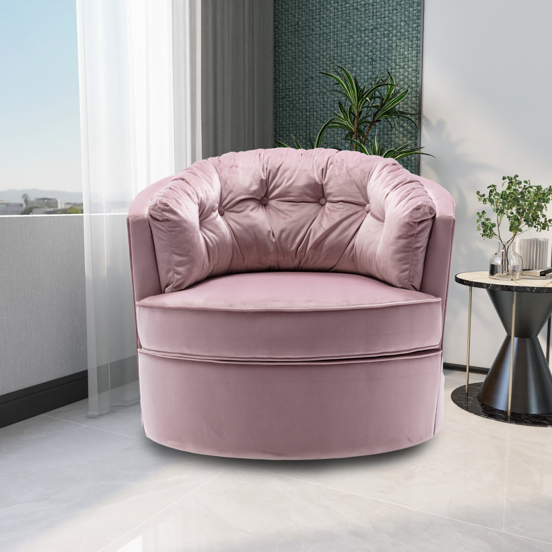 Fauteuil demi-tonneau pivotant en velours Haldeman, Velours rose