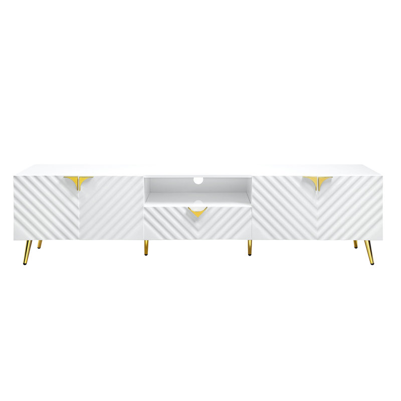 Table télé moderne blanche ultrabrillante avec poids de 101,33 lb et tiroir à extension 2/3 tiroirs