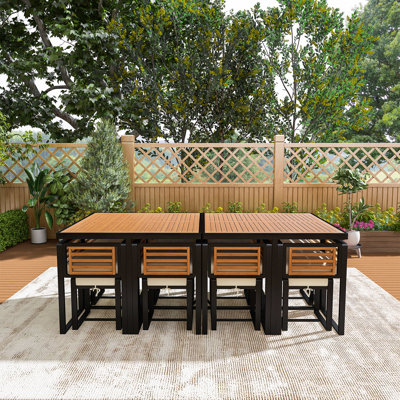 Ensemble de salle à manger 18 pièces en bois d'acacia, meubles de patio peu encombrants avec 8 chaises rembourrées, 8 repose-pieds et 2 tables carrées, idéal pour la cour, le jardin, la terrasse et la piscine, beige