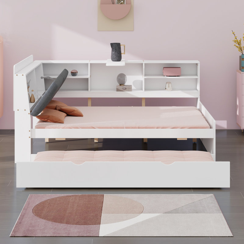 Lit plateforme avec lit gigogne, tablettes et tête de lit, Blanc, Lit double