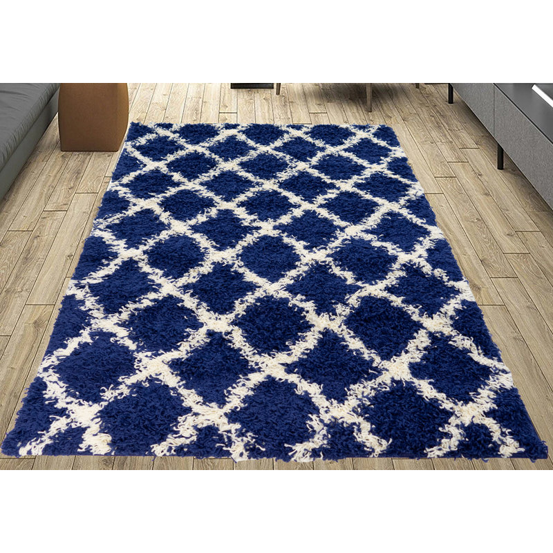 Eucptus Geometric Shaggy Dark Blue/White Jute Backing Area Rug , Rectangle 3'3" x 5'