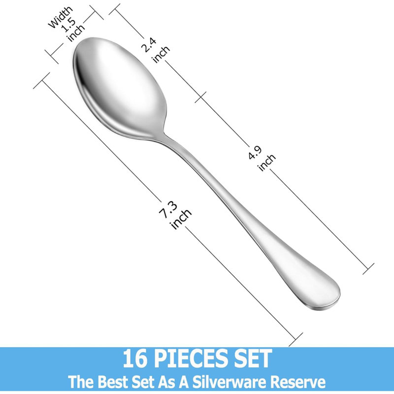 Ensemble de cuillères à dîner, 16 cuillères à soupe de cuillères, cuillères en acier inoxydable de qualité alimentaire 18/10, cuillères en métal durables, cuillères à table, cuillères à argenterie seulement, finition miroir et va au lave-vai