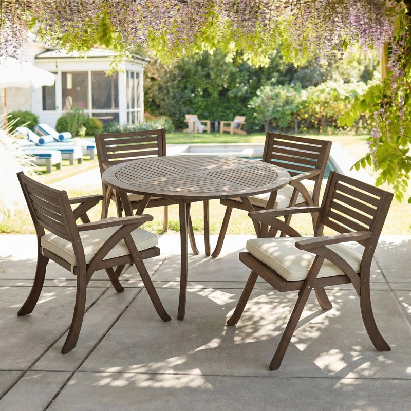 Ensemble repas d'extérieur en bois d'acacia massif avec coussins de 47,25 po de largeur 47,25 po Cotswald, Gris