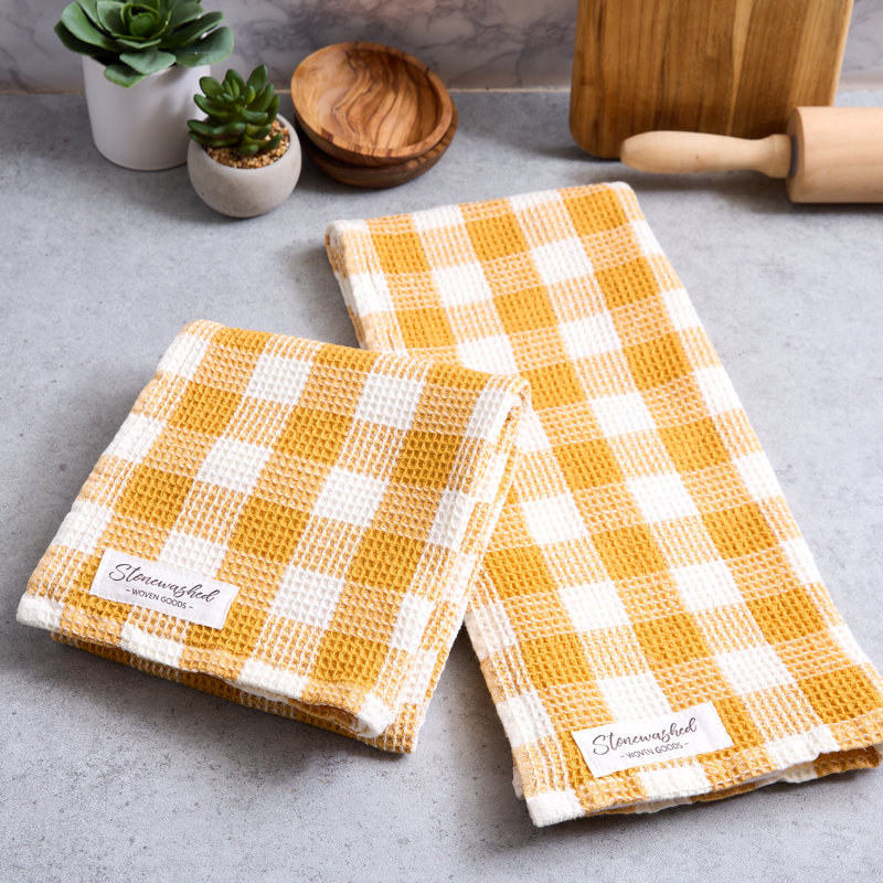 Design Imports Washed Waffle Check Dishtowel Set/2, Butterscotch Checker