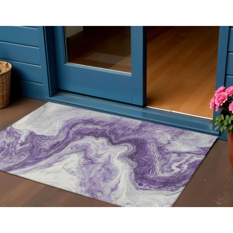 3' X 5' Purple And Silver Abstract Washable Indoor Outdoor Area Rug