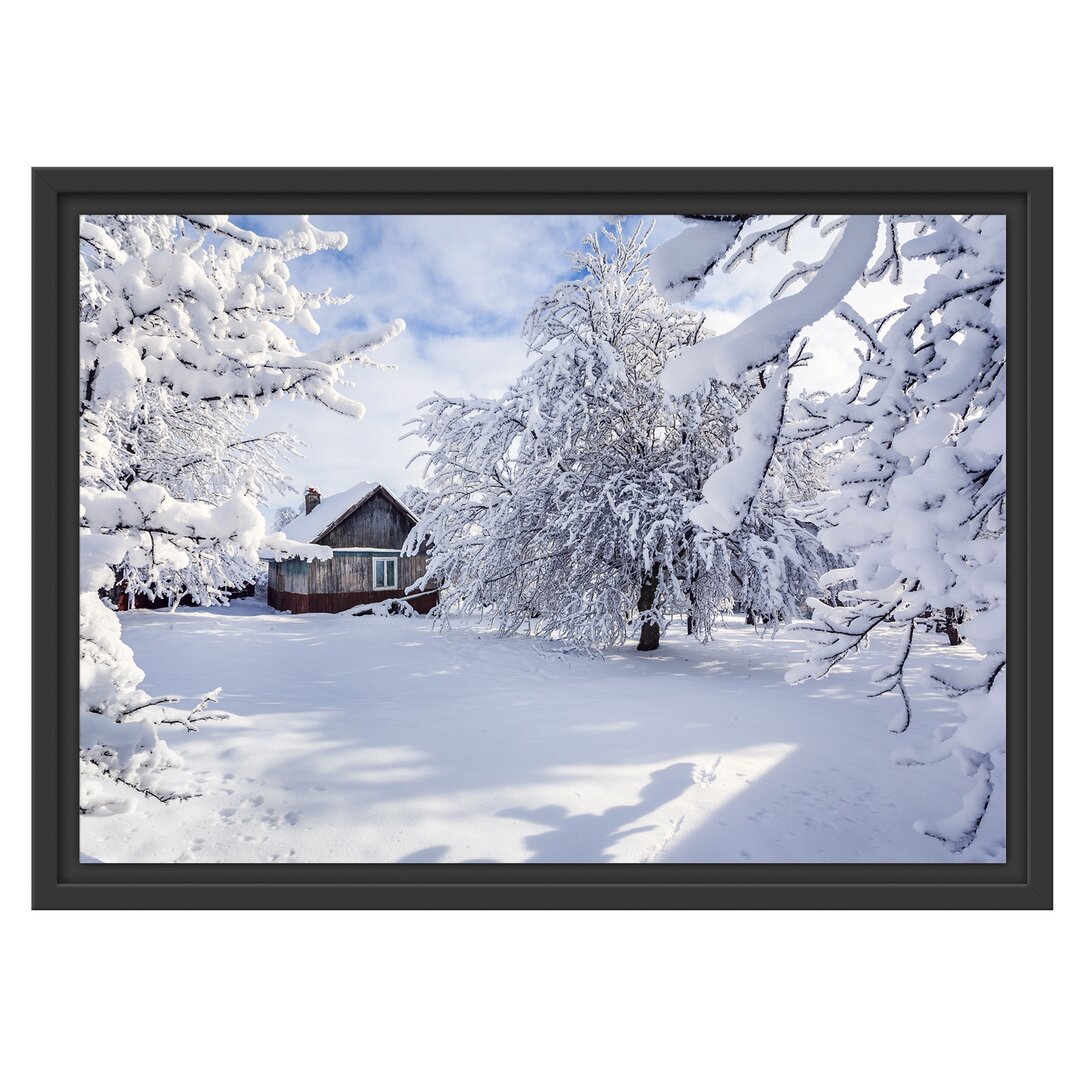 Gerahmtes Wandbild Winterlandschaft mit Hütte