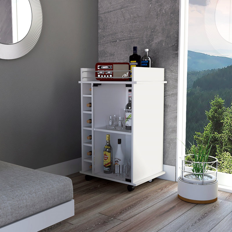 Chariot-bar Dukat, deux tablettes, six supports à vin intégrés, quatre roulettes, H 16,34 po x l 16,25 po x P 21,55 po, Blanc