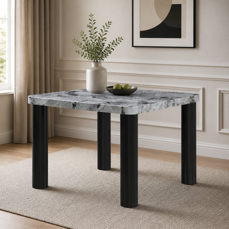 Table de salle à manger en faux marbre gris avec pieds noirs