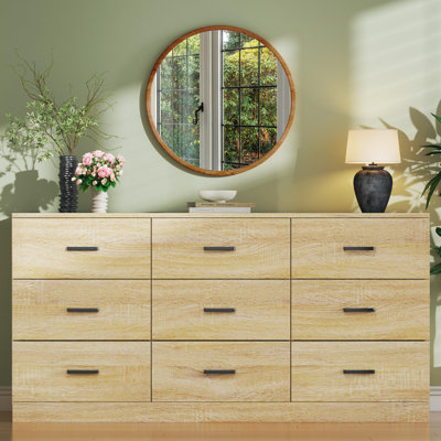 Commode 9 tiroirs pour chambre à coucher, bois naturel
