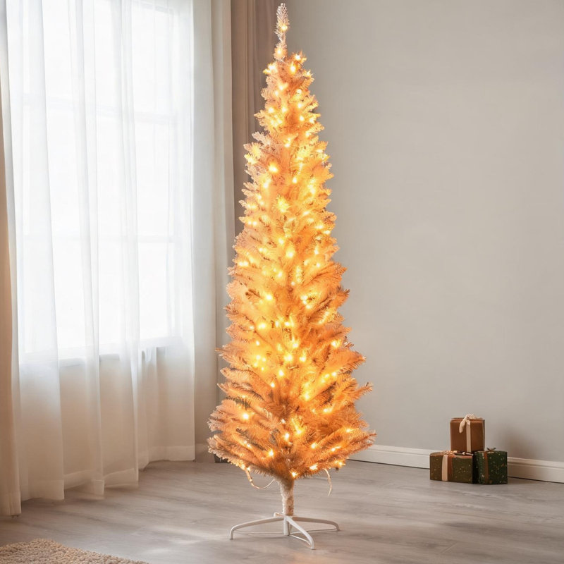 Sapin de Noël artificiel rose illuminé par DEL, 180 cm, 390 branches, design élancé pour intérieur