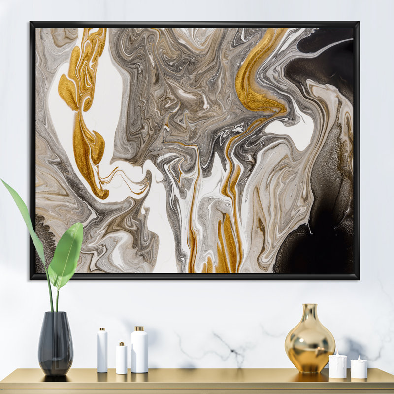 Vagues de marbre dorées et grises - peinture sur toile, H 12 po x l 20 po, Cadre flottant noir