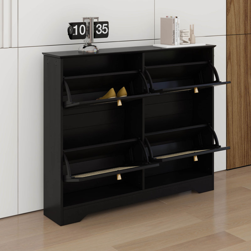 Mid-Century Modern Narrow Shoe Cabinet With 4 Flip Drawers & 4 Rattan Doors, Black