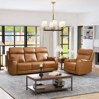 Ensemble de salon inclinable électrique en cuir véritable 2 pièces: fauteuil inclinable + canapé avec appui-tête réglable, chargement USB et sans fil