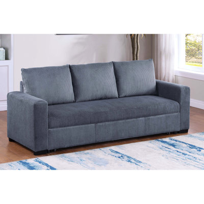 Lit gigogne convertible en velours côtelé gris foncé, accoudoirs carrés, pieds en plastique, poignées pratiques, design contemporain pour le salon, 3 places, 81 cm de large, 84 cm de haut.
