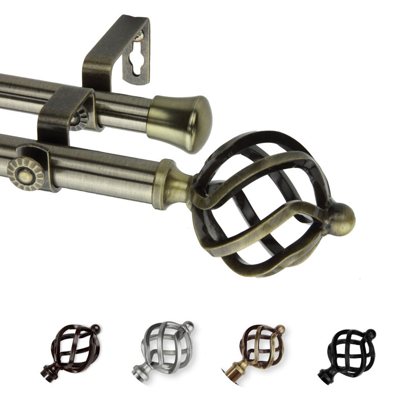 Asuka Steel Rod/Resin Finials Adjustable 0.81'' Double Curtain Rod, 66" - 120" W, Antique Brass