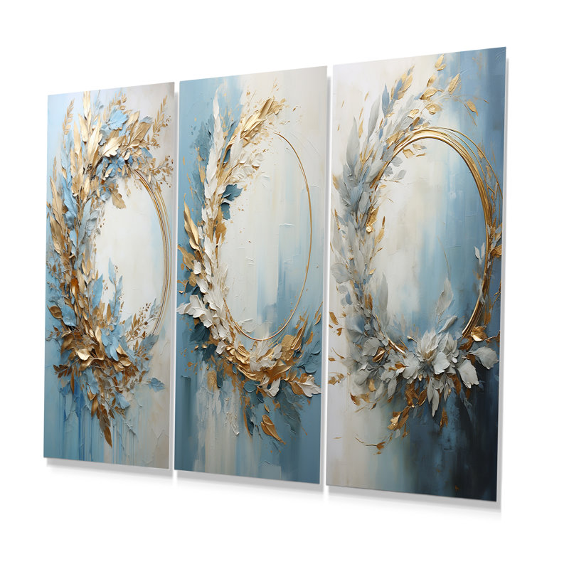  de fleurs bleue et dorée - Ensemble de 3 décorations murales en métal, H 28 po x l 36 po
