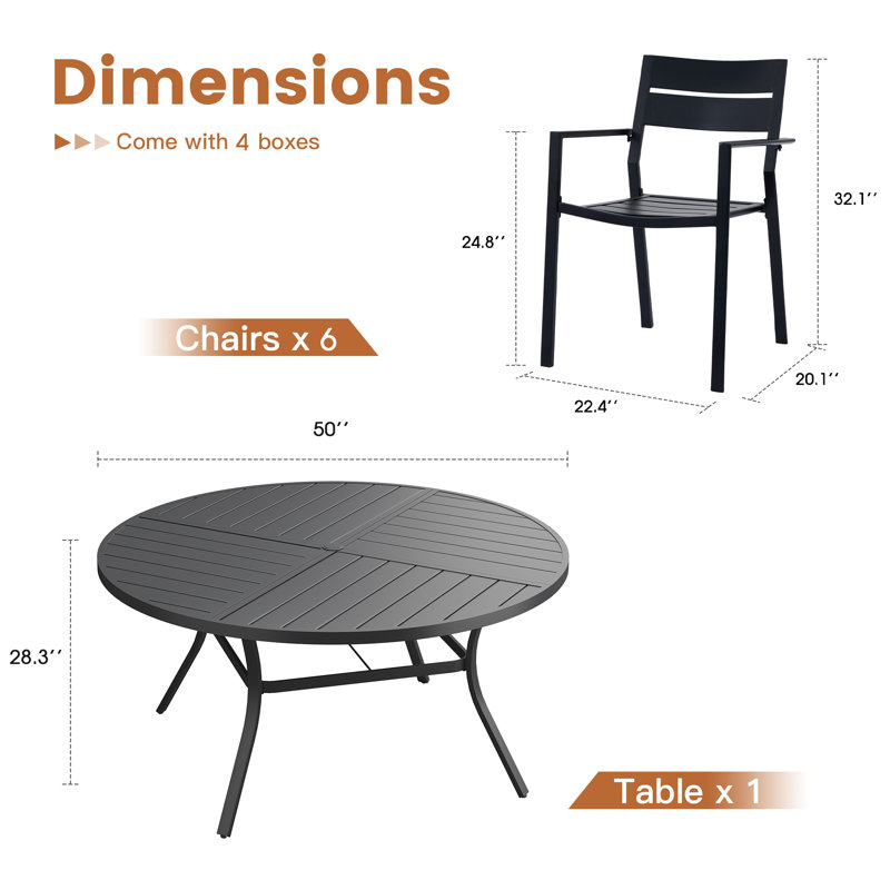 6-Person Patio Dining Set with 50“ Round Metal Dining Table and 6 Stackable Armrest Chairs, Black/Black