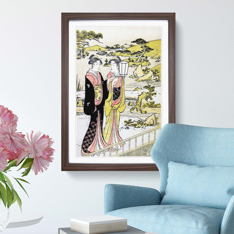 Two Women in a Garden by Torii Kiyonaga - Picture Frame Painting Print, 36cm H x 27cm W x 2cm D, Walnut Framed