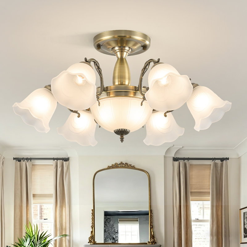 6+2-Light Semi-Flush Mount Ceiling Light/Chandelier with Frosted Glass Shades, Bronze Brushed Nickel