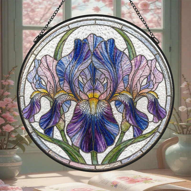 Vitrail vitrail Iris Suncatcher pour décoration de fenêtre, 11,8 x 11,8 po (30 x 30 cm)