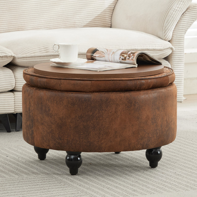 24'' Wide Upholstered Round Storage Ottoman, Brown Faux Leather