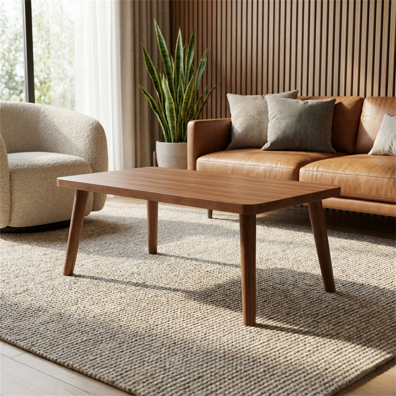 Table basse rectangulaire, conception à coins arrondis, 4 pieds cylindriques, structure en bois, brun