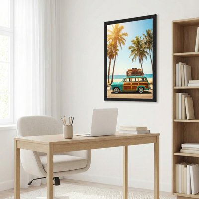 Panneau de bois rétro voiture scène de plage, reproduction d'art sur toile tendue sur toile, ensemble de 1