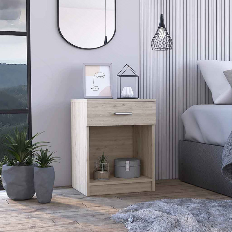 Table de chevet Eco, table de bout, plateau supérieur, tiroir inférieur, tablette inférieure - gris clair, Gris