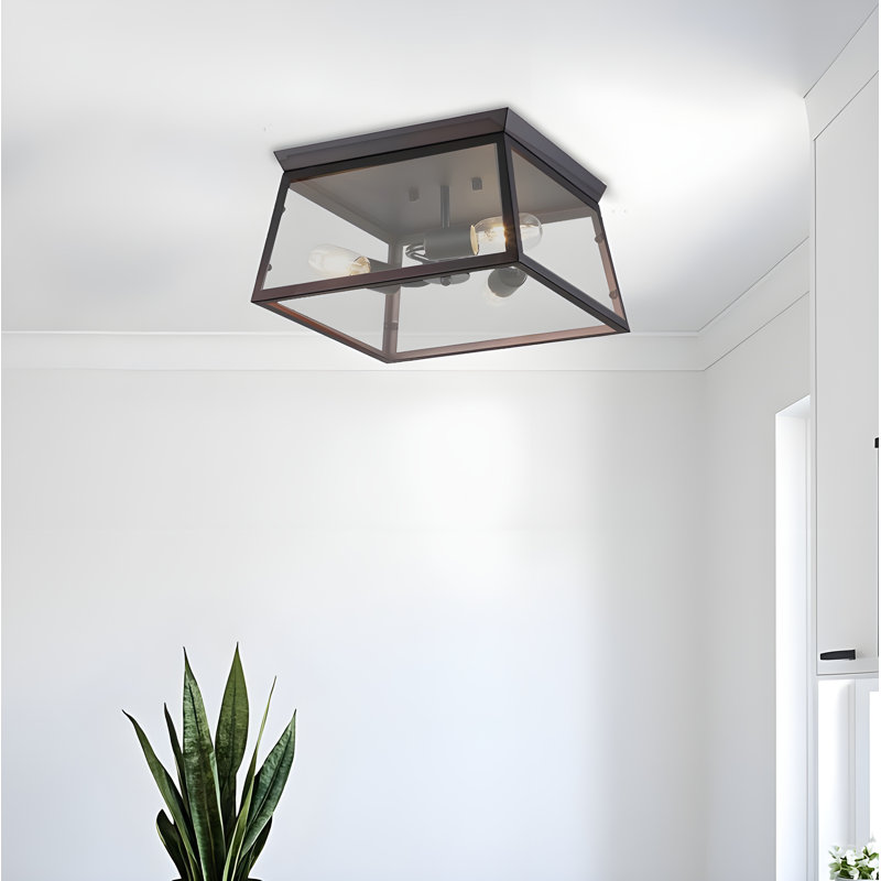 14 Inch Flynn 3 Lt Square Flush Mount Oil Rubbed Bronze Clear Glass Industrial Modern Style Kitchen