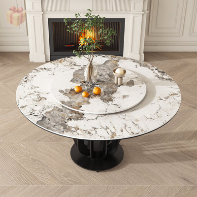 53 Inch Round Sintered Stone Dining Table with Rotating Lazy Susan and Durable Carbon Steel Base for Modern Kitchens and Dining Rooms