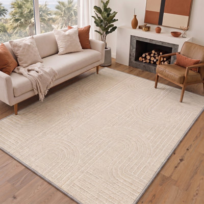 Tapis de sol performant à poils courts, lavable, antidérapant, beige/ivoire, à motifs géométriques modernes