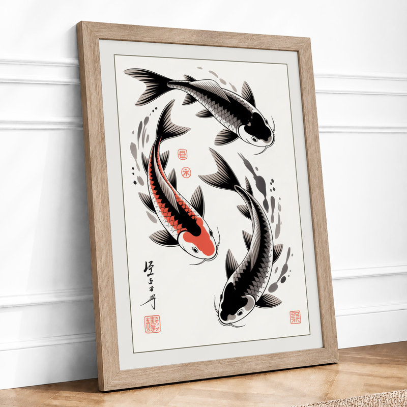 Dancing Koi Japandi - Framed Print, Oak, A3 - 42.0 x 29.7 cm