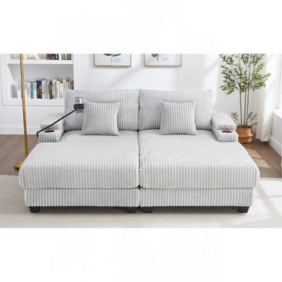 Modern Chaise Sofa 75.5" Chaise Lounge Sofa Loveseat Sofa Sleeper Sofa With Adjustable Backrest, Cup Holders , Phone Holder And Storage Compartments For Living Room, Light Grey
