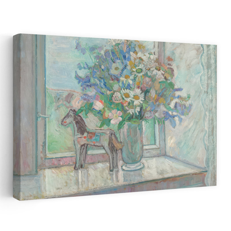 Bouquet de fleurs et de chevaux par fenêtre contemporaine Oluf Woldtorne, H 48 po x l 32 po