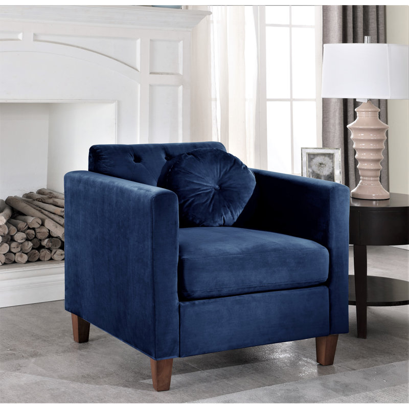 Fauteuil Prady en velours capitonné de 81,026 cm de largeur, Bleu foncé